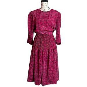 Vintage 1980s Burgundy Black Floral Print Secretary Career Dress